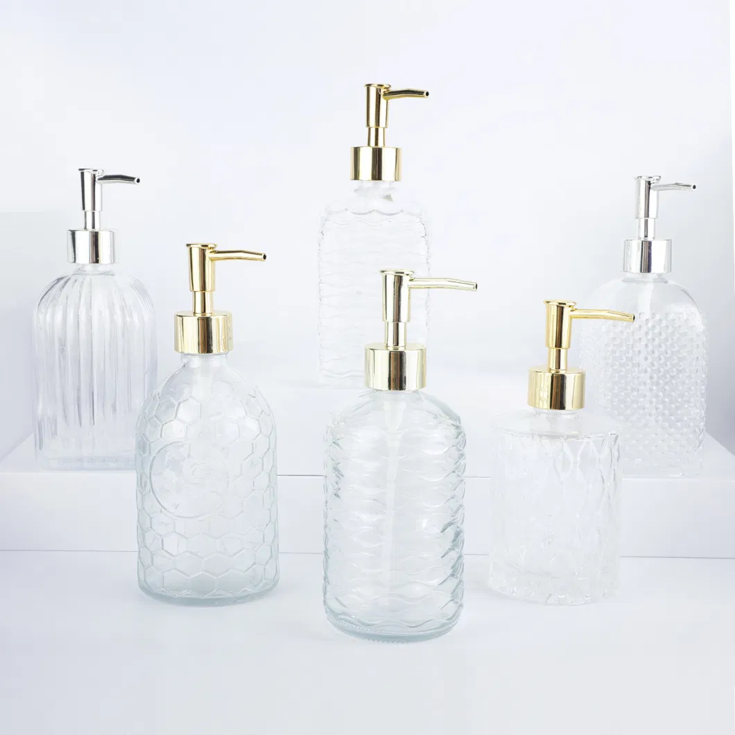 Luxury Round 500ml Transparent Galss Hand Wash Bottle for Hotel Liquid Bottle with Metal Gold Pump